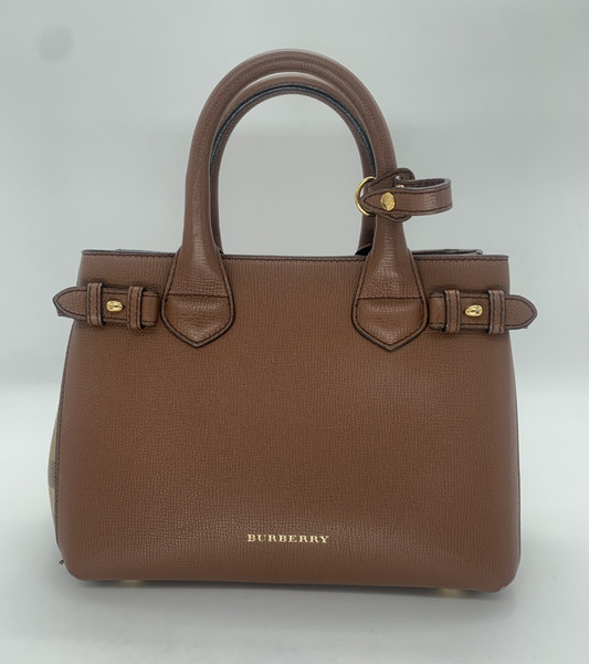 Burberry House Check Derby Leather Small Banner Tote Beige w/COA