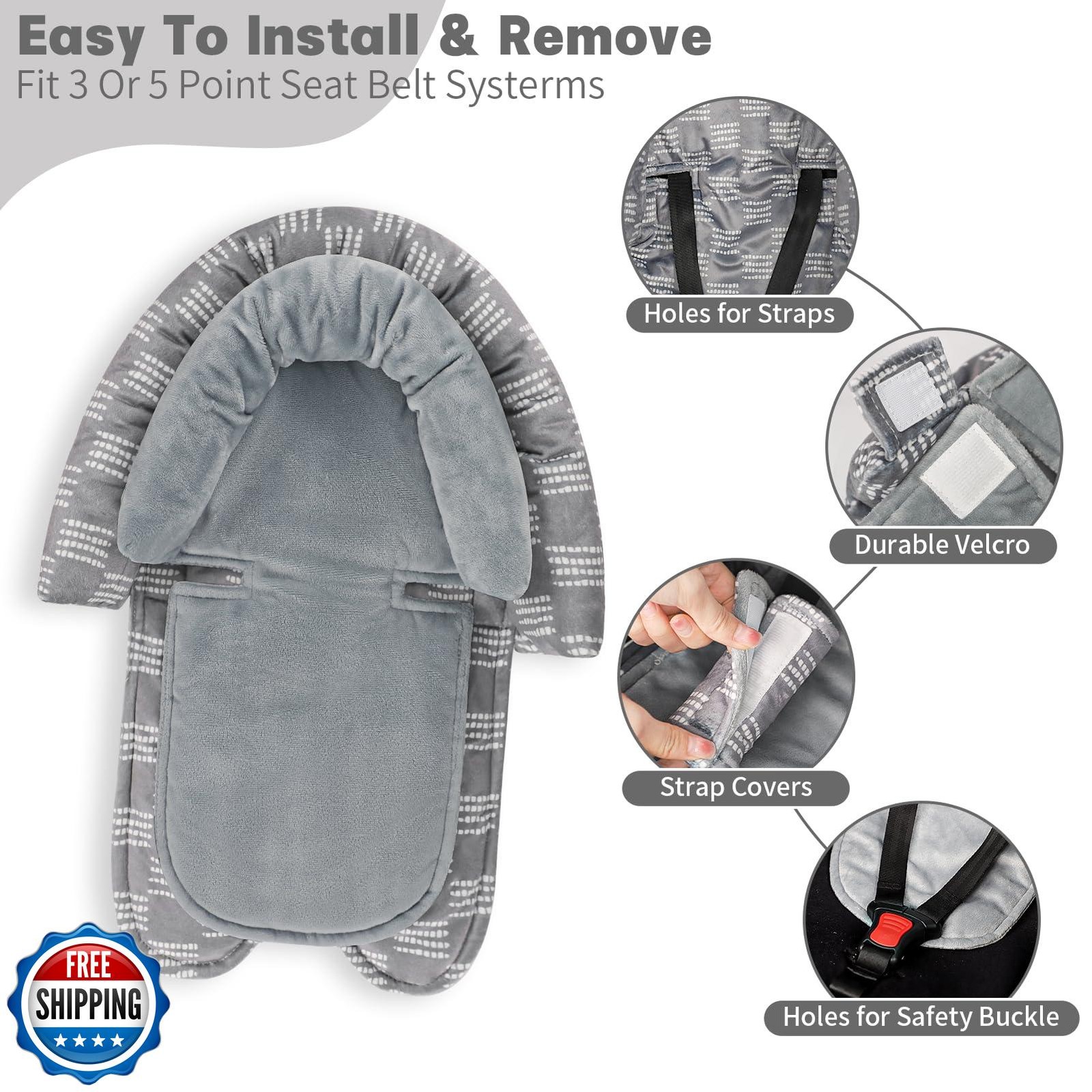 Infant Car Seat Insert, HNHUAMING Baby Car Seat Head and Body Support with 2 