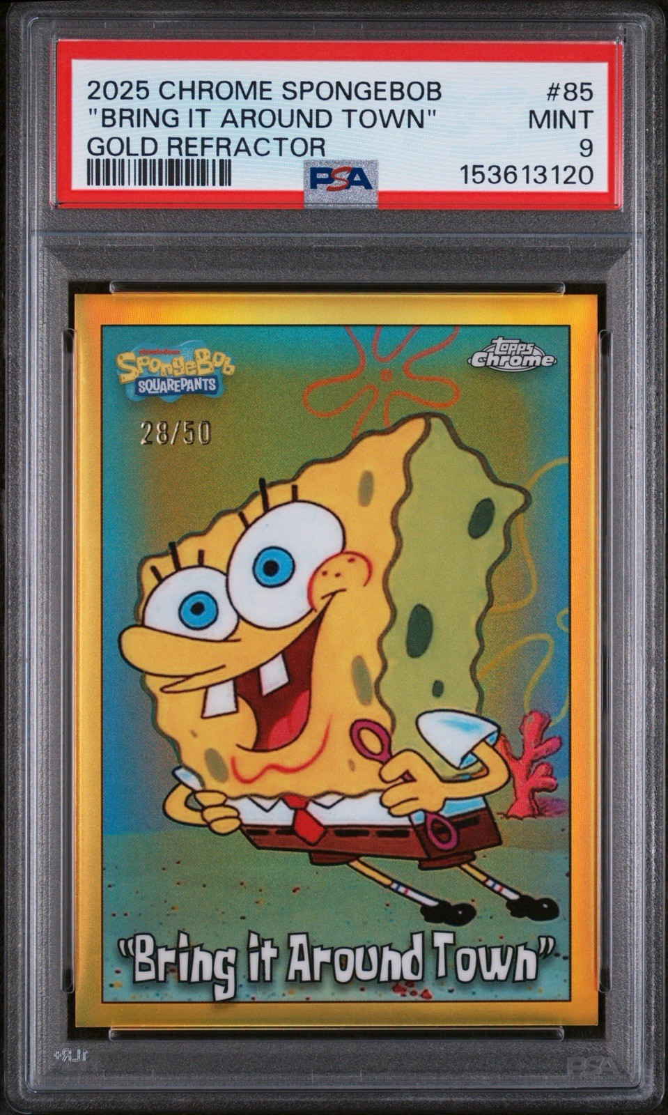 Topps 2025 Chrome SpongeBob #85 Bring It Around Town Gold Refractor 28/50 PSA 9 view 2