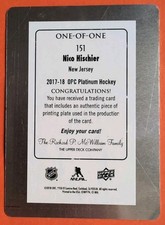 NICO HISCHIER 1/1 ROOKIE 2017-18 O-P-CHEE PLATINUM YELLOW PRINTING PLATE