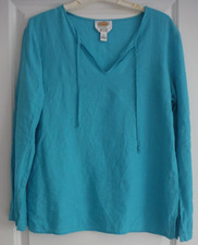 Talbots Women's Size M Turquoise Blue Irish Linen Tie Neck Blouse, Hip Vents EUC