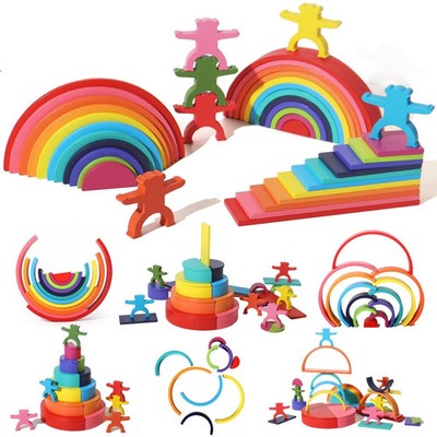 Dinhon 40-Piece Wooden Rainbow Stack Set 4-in-1 Building Blocks preschoolers