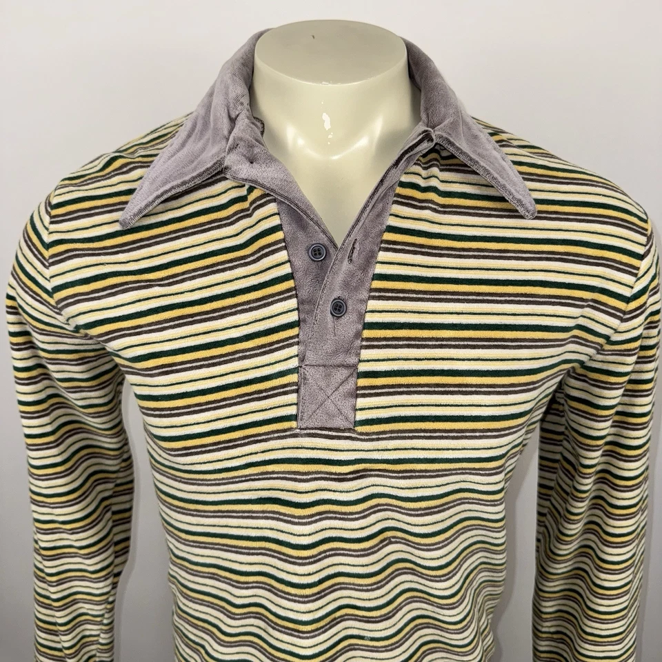 Vintage 60s 70s Velour Shirt Striped Disco Hippy Mod Surf Skate Mens Medium - Image 2 of 4