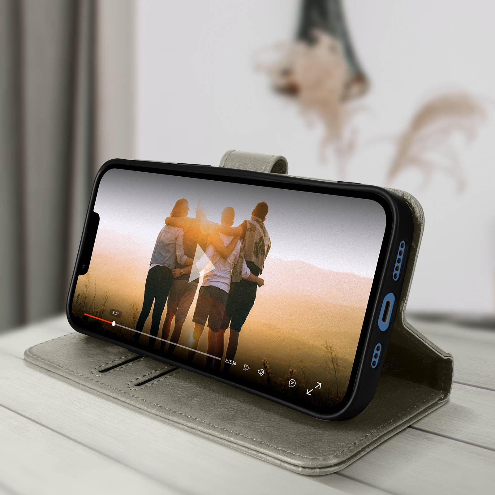 Housse iPhone 13 Pro avec support vidéo et rangement carte bleu gris