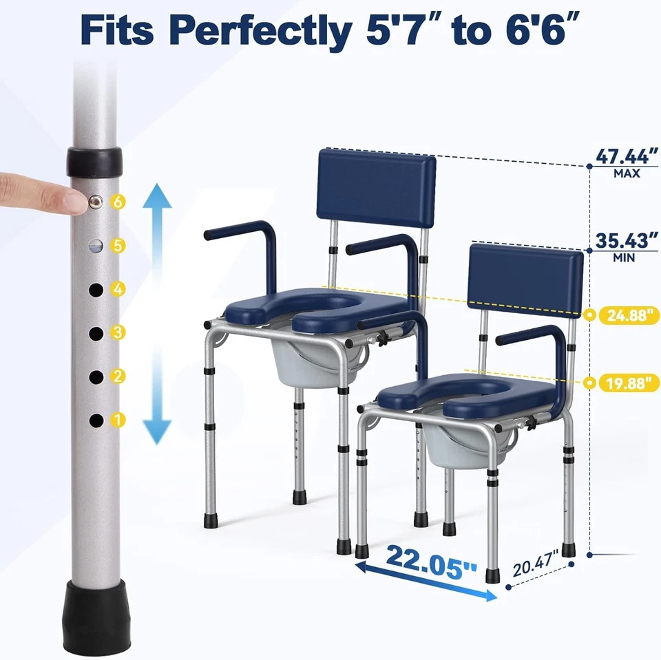 Holy Heal 3-in-1 Drop Arm Bedside Commode, Adjustable, 400 Lbs Cap, 6.3 Qt Bkt - Image 2 of 4
