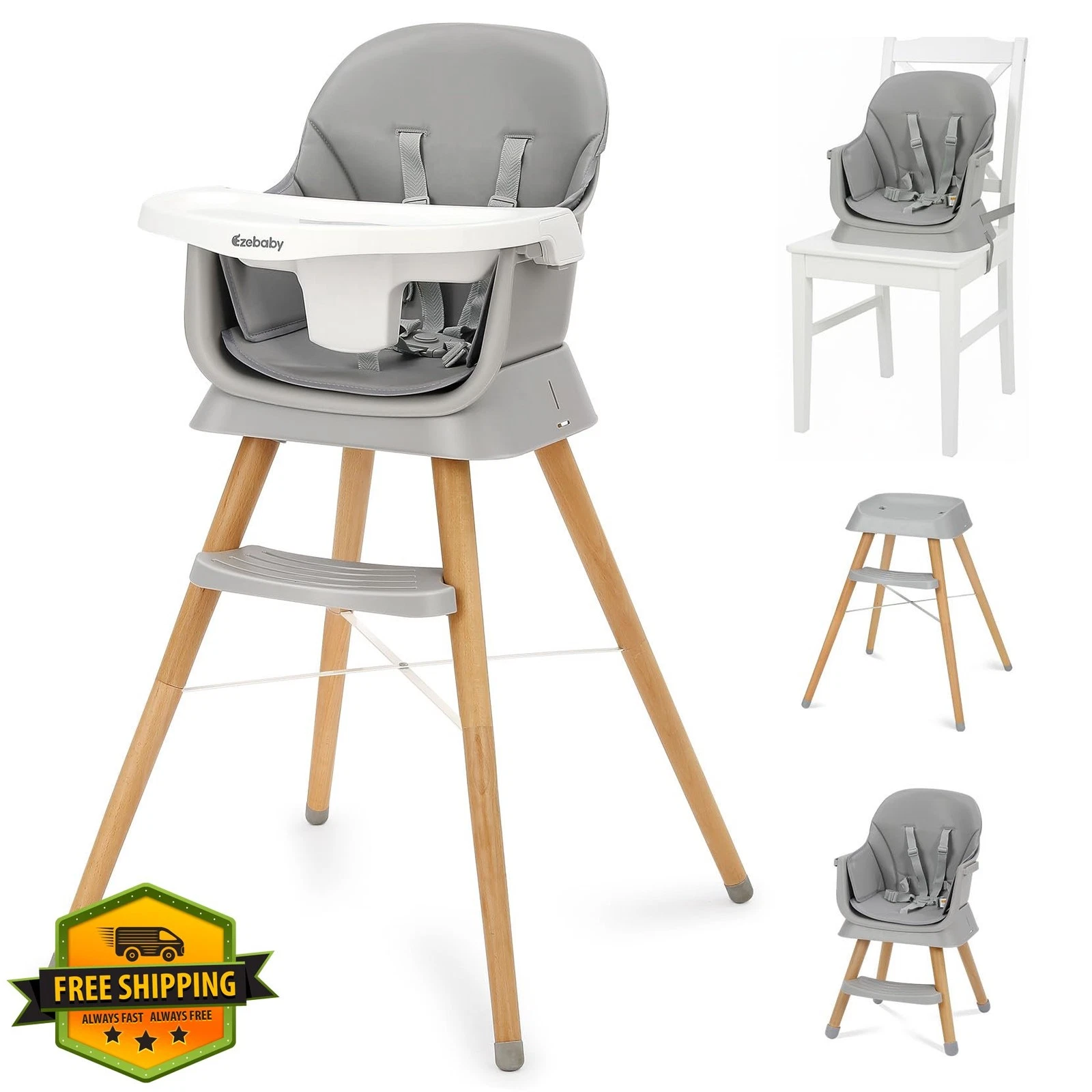 Ezebaby 6-in-1 High Chair Grey No Storage