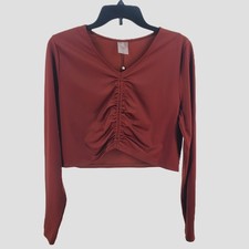 CALIA Womens XL Ruched Rash Guard Swim Top Red Brown Shine Long Sleeve UPF 50