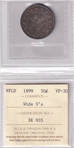 Newfoundland 1899 50 Cent Silver Coin Wide 9's ICCS Certified VF-30 Victorian - Picture 2 of 2