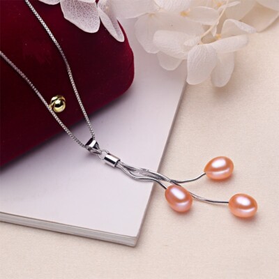 Silber Halskette Anhänger 3 Süßwasserperlen Rosen 925 + Tasche Top Qualität