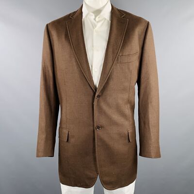 ISAIA Misura 48 Marrone Twill Misto Lino Dentellato Bavero Sport