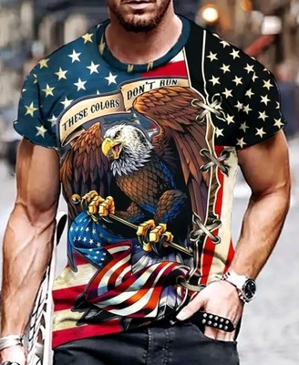3D Eagle & USA Flag Pattern Print Men's Crew Neck Short Sleeve T-shirt