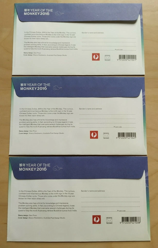 2016 Christmas Island Zodiac Animals Lunar Year of the Monkey FDC (3 covers set) - Image 2 of 4