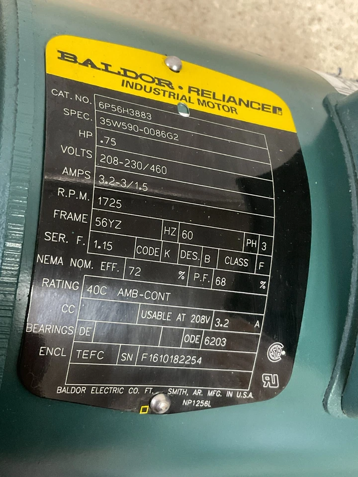 Baldor 6P56H3883 .75HP, 1725RPM NEW - Image 2 of 4