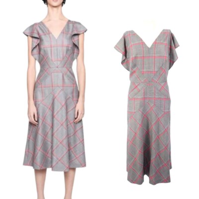 Escada Kleid Midi Kariert Wollmischung Rüschenärmel Grau Tartan Gr. 42 UK 14
