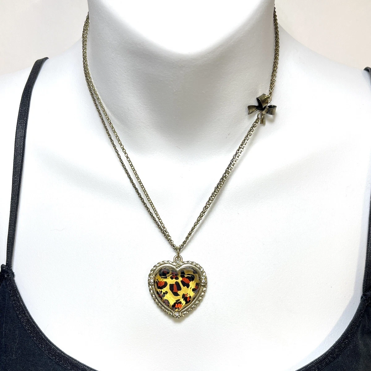 Betsey Johnson Heart Leopard Print Bow Gold Tone Crystal Necklace