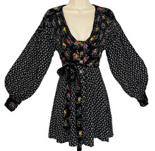 FREE PEOPLE black floral mini dress, long balloon sleeve calico tunic rayon XS