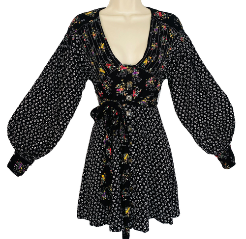 FREE PEOPLE black floral mini dress, long balloon sleeve calico tunic rayon XS - 第 1/15 張圖片