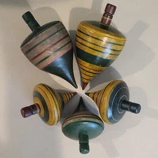Lot of 5 early 20th C. handmade wooden spinning toys/tops