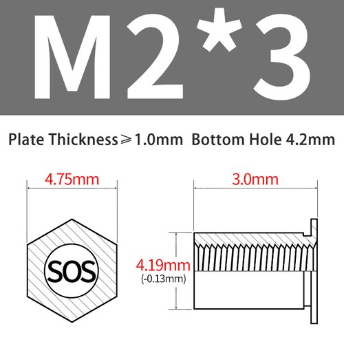 Edelstahl Nietmutter Säulenmuttern Sechskant Durchgangsloch SOS-M2/M2.5/M3/3.5M3 - Picture 13 of 56