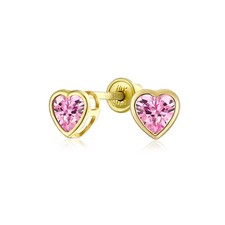 Tiny Delicate Bezel Set Heart CZ Stud Earrings Real 14K Yellow Gold Screw back