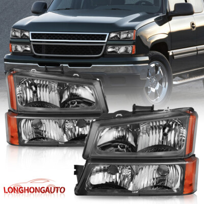 Pair Black Headlights W/ Bumper Light For 2003-06 Chevrolet Silverado 1500 2500 - Foto 2