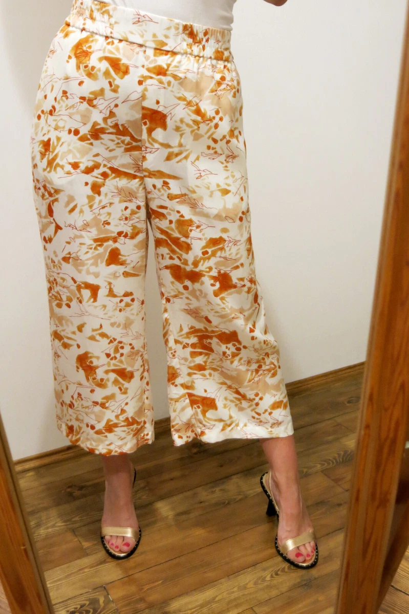 COS New Wide Leg Crop White Orange Lyocell Pants Trousers UK 16 EU 42