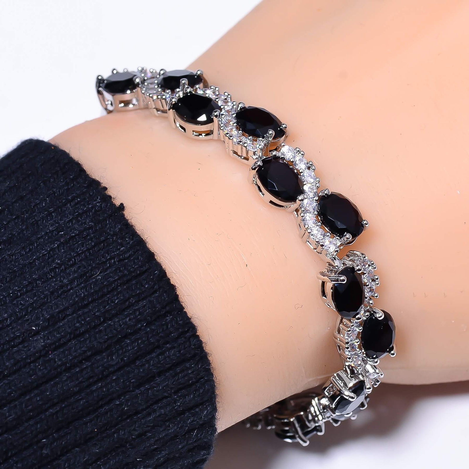 Black Onyx & Cubic Zirconia 925 Sterling Silver Tennis Bracelet 7.99