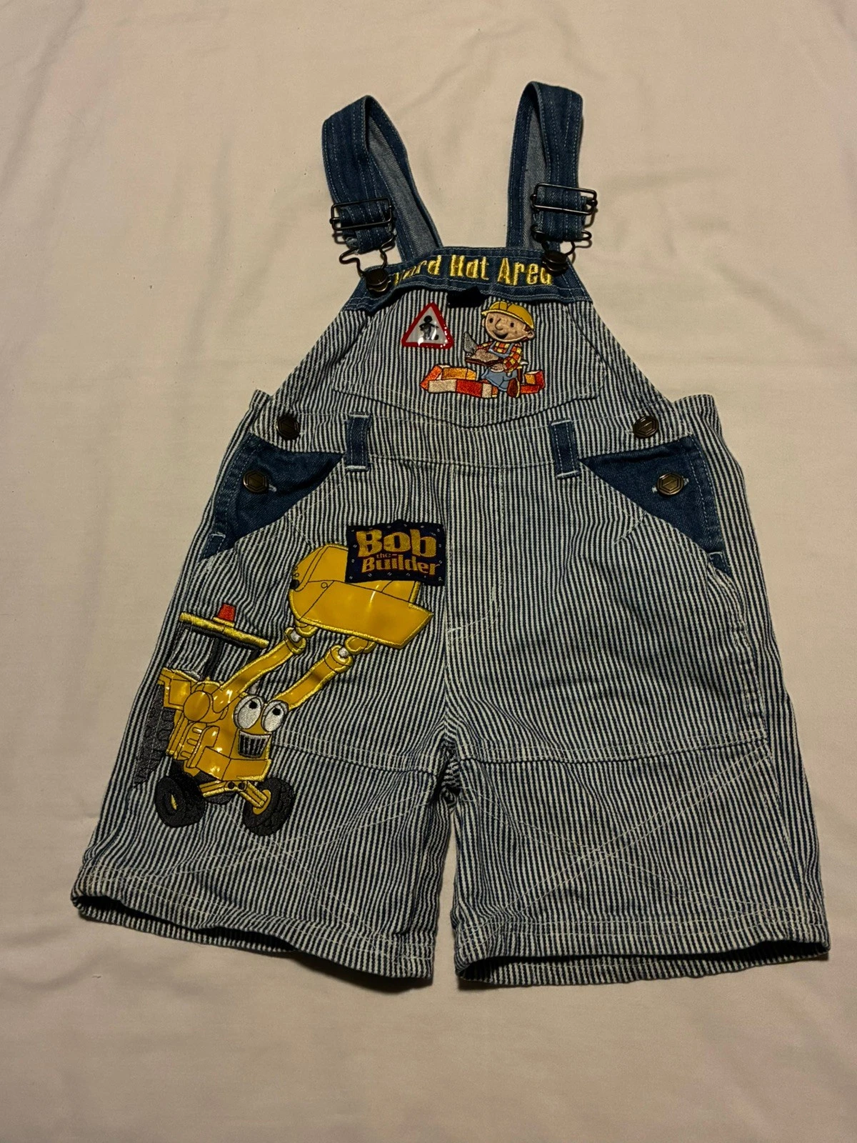 VTG Bob The Builder Overalls Denim Shortalls Pinstripe Railroad Bibs 2T Y2K Kids