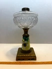 Antique Victorian Composite Oil Lamp Hand Painted Milk Glass Stem