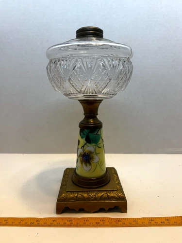 Antique Victorian Composite Oil Lamp Hand Painted Milk Glass Stem