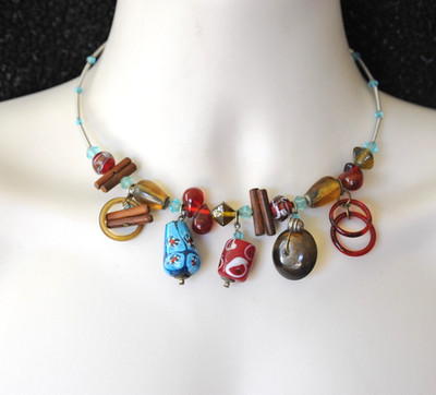 Wire Wrap Choker Beaded Charm Multicolor Necklace BOHO blue dangle  MH14