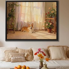 Corgi Oil Painting Dog Artwork Canvas Print Living Room Wall Art Floral Decor