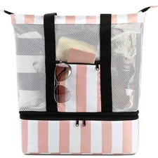 Mesh Beach Tote Bag with Cooler Compartment Insulated Detachable Picnic Bag w...
