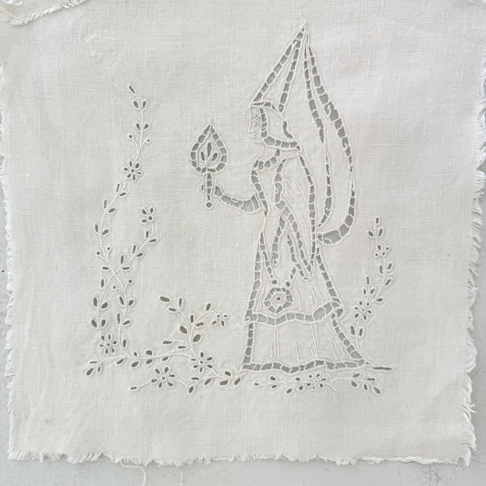 11x11 Drawnwork antique French handmade unique textile with linen white shield