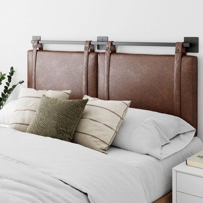 Nathan James Harlow Modern Wall Mount Hanging Headboard, Queen, Brown Faux Le...