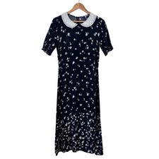 Oliver Bonas Tea Dress Size UK 10 Midi Black Floral Lace Collar Party Occasion