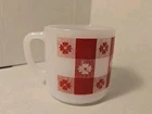 Federal Milk Glass Mug Red & White Gingham Checkered Floral Vintage