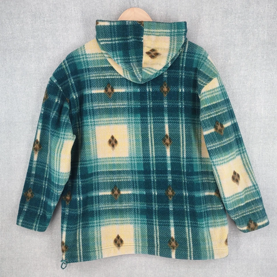 Vtg EMS Jacket Women Medium Green Plaid Aztec Anorak Fleece Hoodie Pullover USA - Image 2 of 4