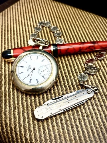 Rare 1892 Elgin Pocket Watch 6s 17j  Grade 122 With Chain + Fob Knife