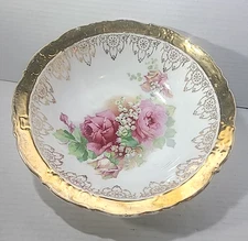 Antique Victorian Era 10" Porcelain Serving Bowl Roses W/ Gold Rim & Accents