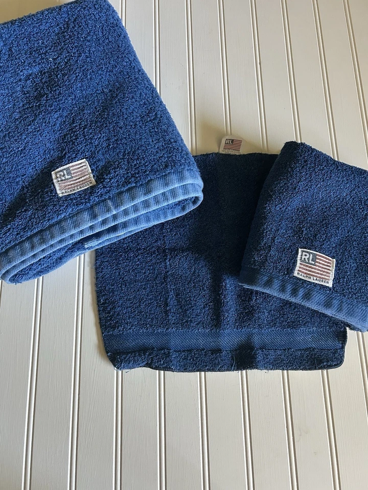 复古 Ralph Lauren 蓝色国旗毛巾 3 件套浴缸/手/毛巾 美国 — 第 4/4 张图片