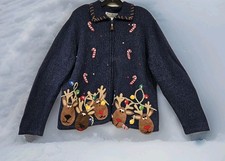 VTG Heirloom Collectibles Zip Up Cardigan Christmas Ugly Sweater Embellished Med