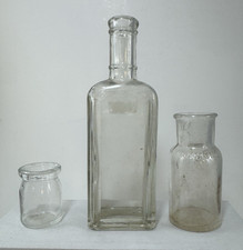 Lot Of 3 Assorted Vintage Glass Bottles Apothecary Clear Different Shapes Sizes