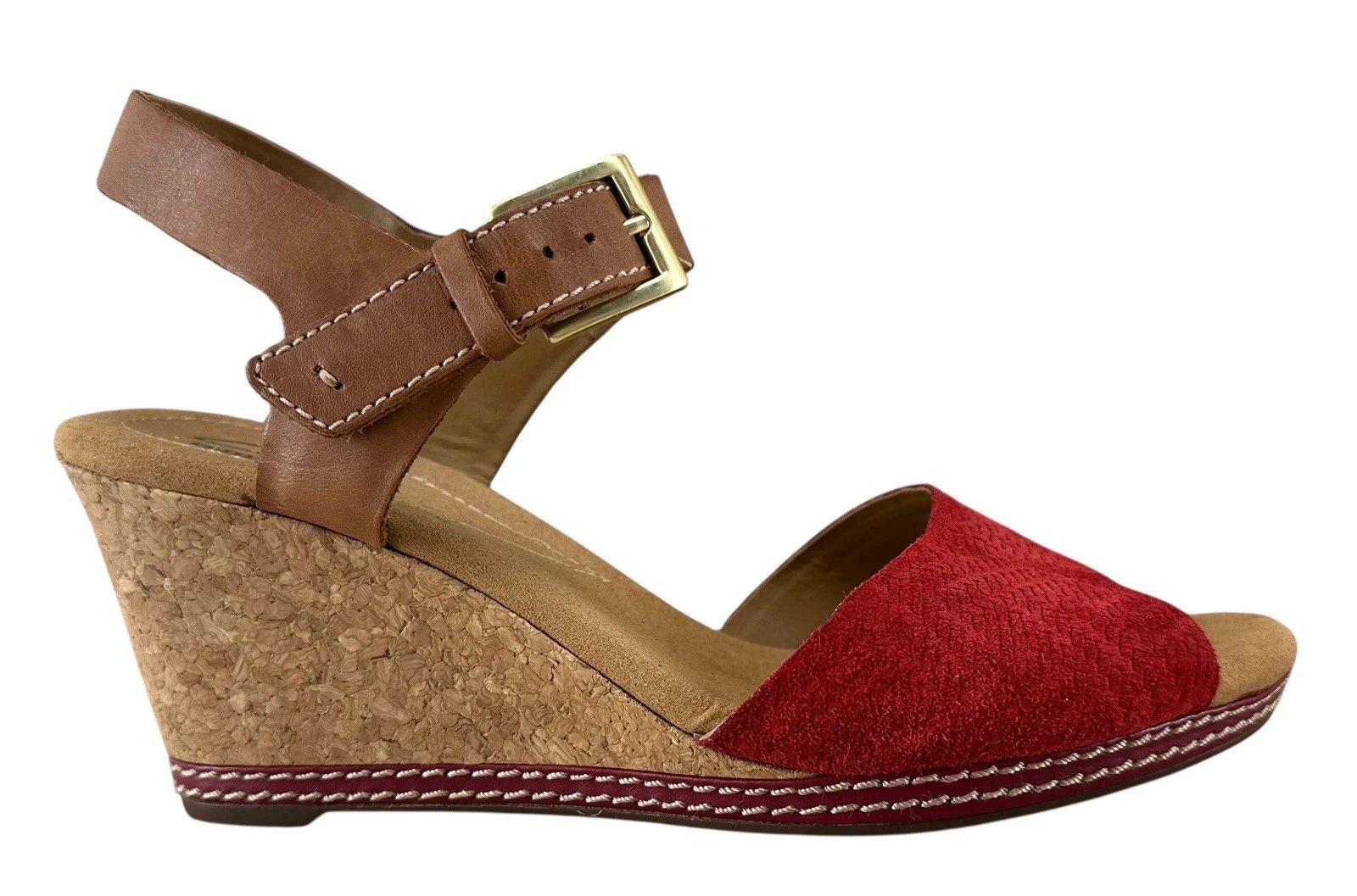 Clarks sandalo donna espadrillas sughero zeppa taglia 7 M rosso pelle scamosciata tomaia