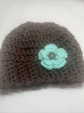 Crochet Women  s Brown Beanie Hat Soft Cozy One Size Turquoise Flower Winter