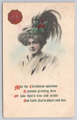 1909 E.A. Wright Christmas Postcard Woman Feather Hat Holly Carlisle PA Postmark