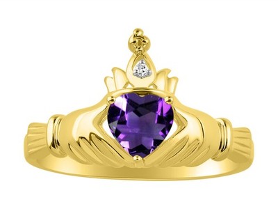 RYLOS 14K Yellow Gold Claddagh Ring Heart Gemstone & Diamond Accent, Sizes 5-13
