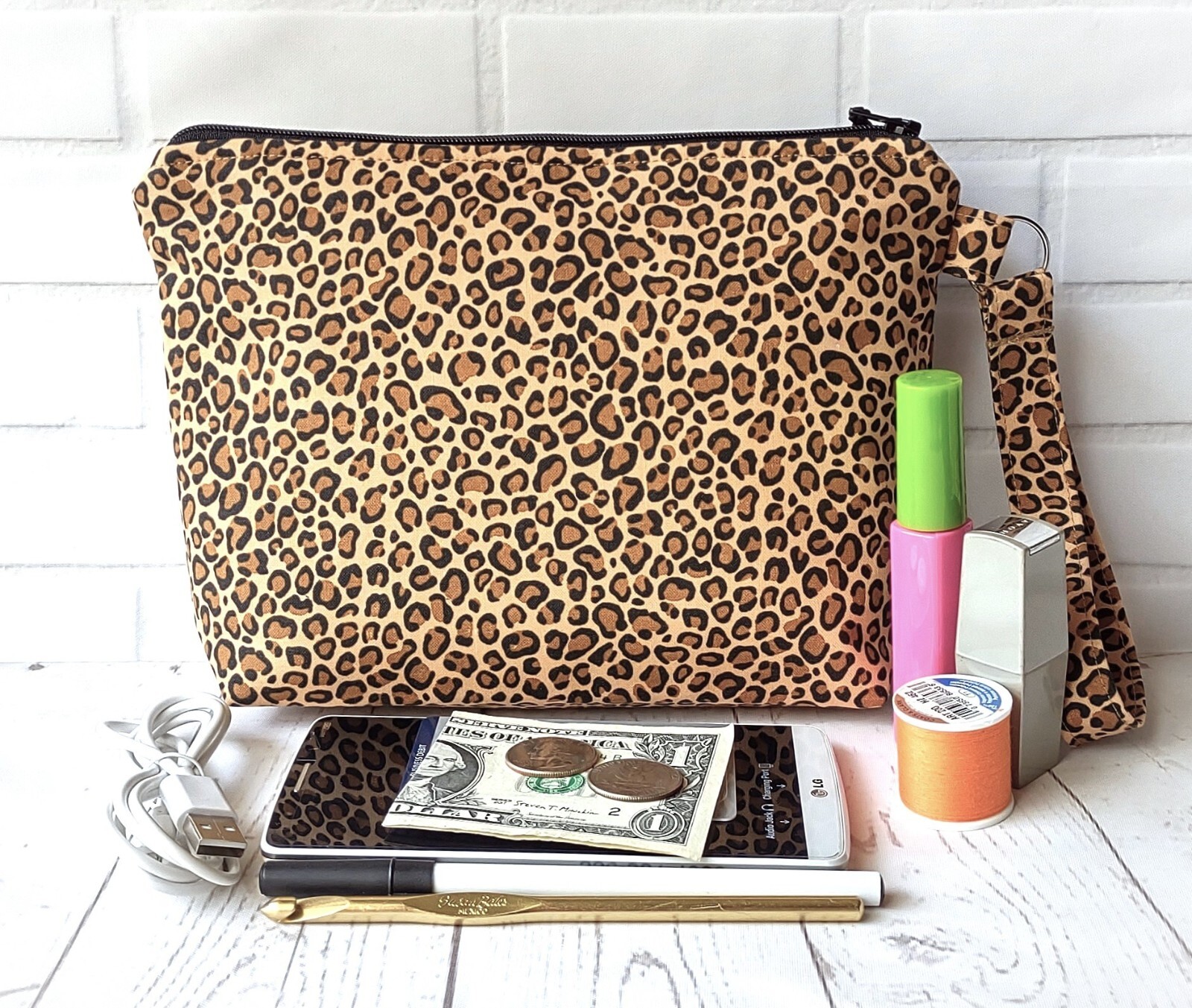 Wristlet Purse Wallet Makeup Bag Phone Travel Leopard Cheetah Tote Handmade Gift
