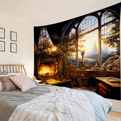 Winter Fairy Tale Christmas Fireplace Tapestry for Bedroom Living