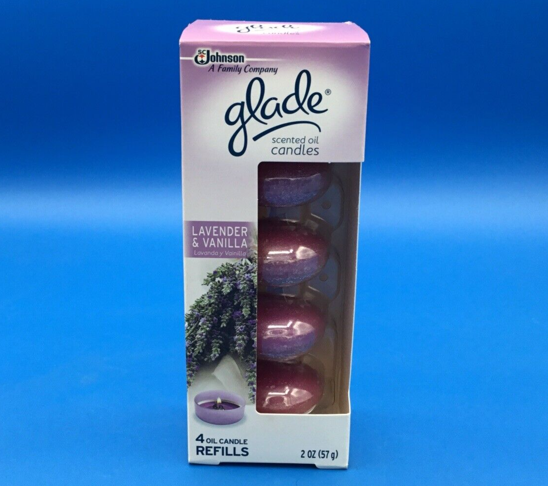 GLADE Lavender & Vanilla Scented Oil Candles 4 Refills 2oz NEW Fast